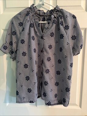 Women’s Blue Floral Gingham Short Sleeve Blouse